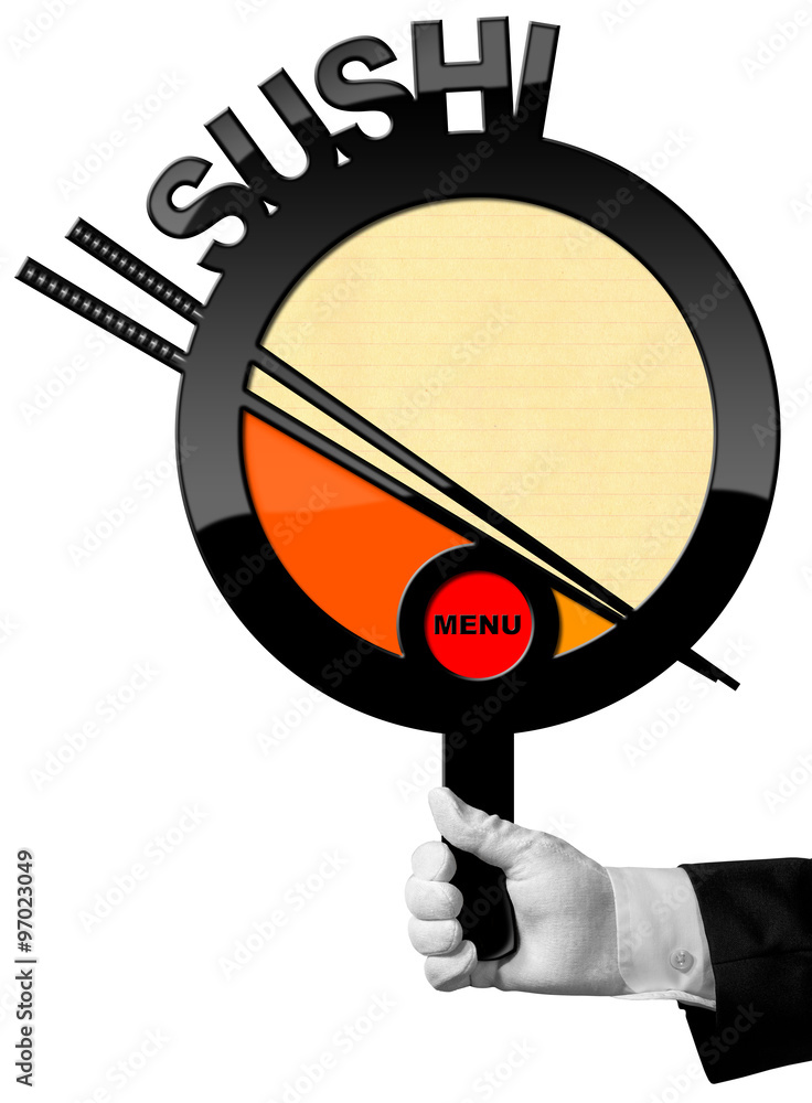Poster chef with banner for sushi menu / chef holding a sign with black frame with text sushi menu and chop