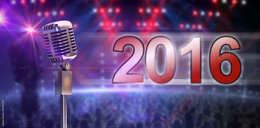Poster composite image of digitally generated retro microphone on stand