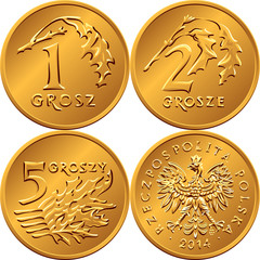 set Polish Money one, two and five groszy coin
