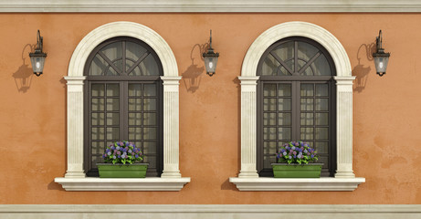 Detail of a facade with two arched windows