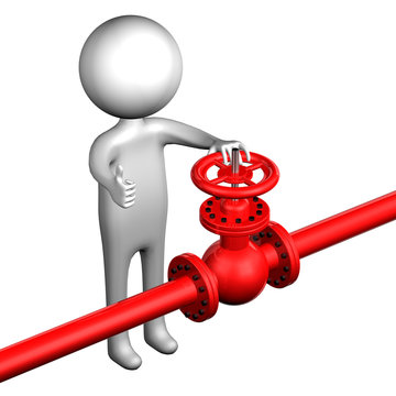 3D Man with pipeline with valve