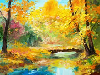 Ölgemäldelandschaft - bunter Herbstwald, schöner Fluss © Fresh Stock