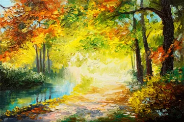 Photo sur Plexiglas Jaune Paysage de peinture à l& 39 huile - forêt d& 39 automne colorée