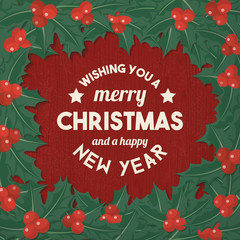 Christmas vintage wishes with holly wreath