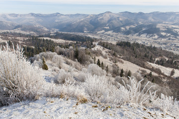 Fototapeta na wymiar Winter landscape. Frost morning in mountains.