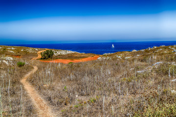 red path on the rocky beach