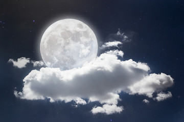Fototapeta na wymiar Peaceful background, night sky with full moon, stars, beautiful clouds. 