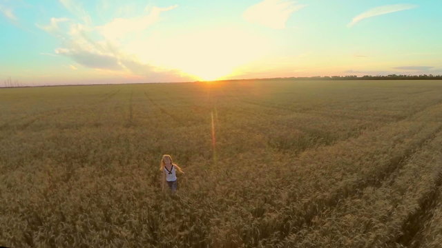 The child runs on a wheat field to the sunset. Slow motion
