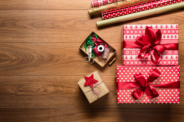 Beautiful retro gift wrapping, xmas concept, desk view from above with copy space