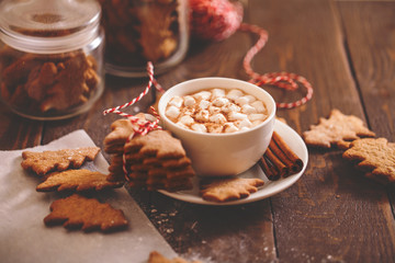 Christmas cookies with hot cocoa. festive decoration