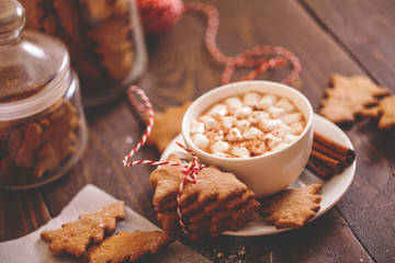 Christmas cookies with hot cocoa. festive decoration