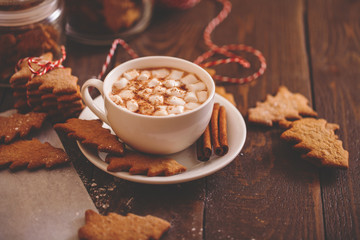 Christmas cookies with hot cocoa. festive decoration