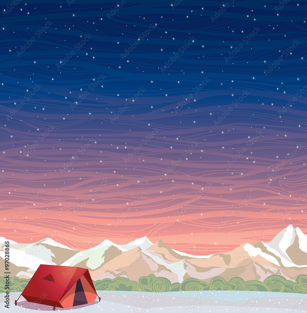 Sticker extreme camping - travel tent at winter landscape.