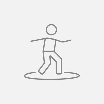 Male surfer riding on surfboard line icon.