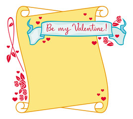 Colorful Valentine frame with paper scroll and original drawing artistic text