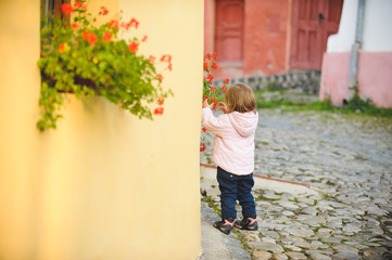 Obraz na płótnie Canvas Girl Plucking Red Flowers