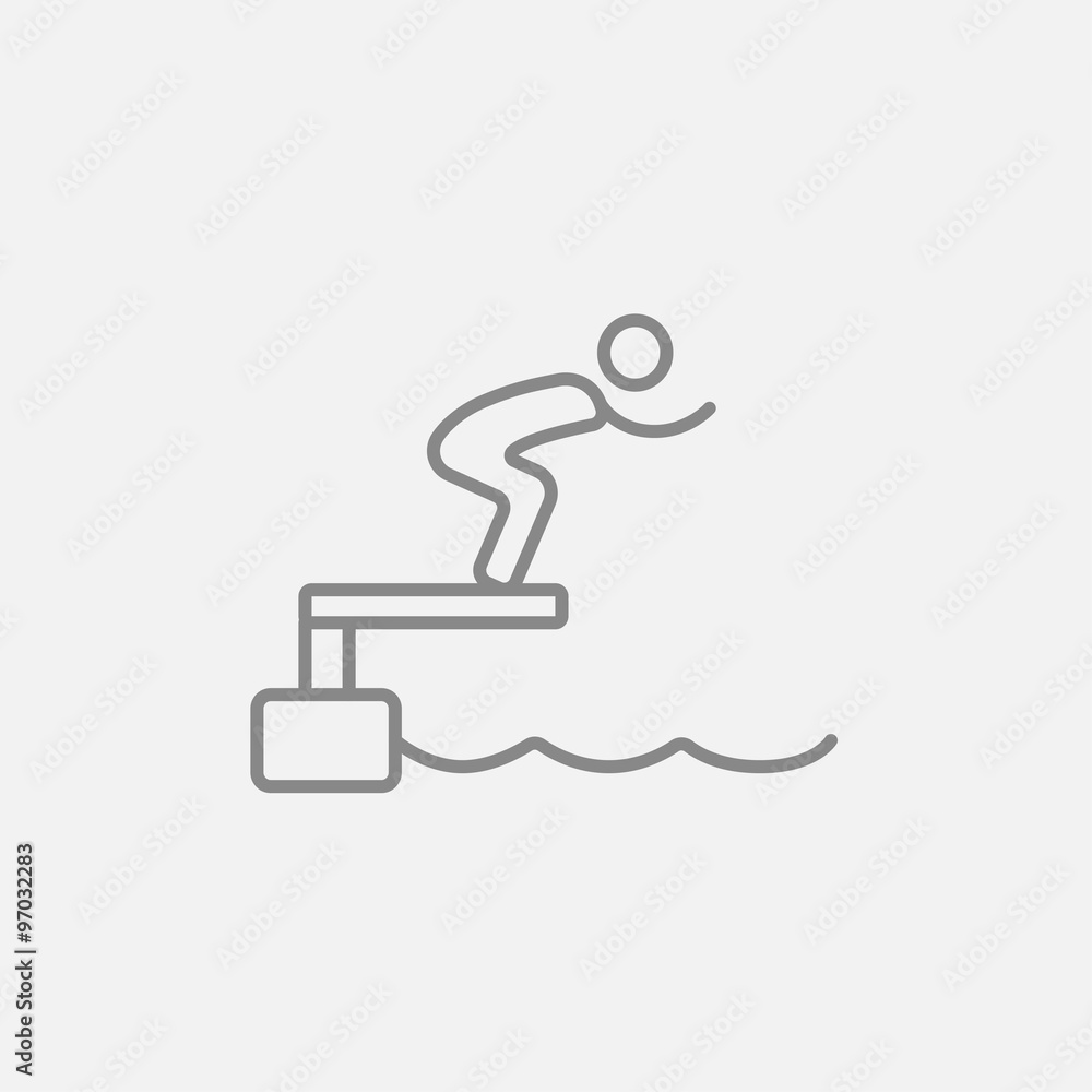 Poster swimmer jumping from starting block in pool line icon.