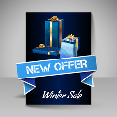 Vector Brochure Design Template with  Blue Christmas Gifts.