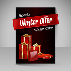 Vector Brochure Design Template with Red Christmas Gifts.