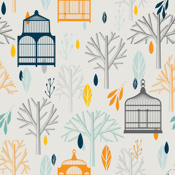 Autumn pattern with vintage birdcages in retro style.