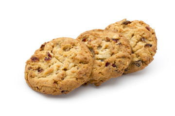 Oatmeal cookies with cranberries on a white background.