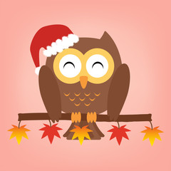 Owl on maple tree wearing a red Santa Claus hat. Vector illustration design Christmas holiday background concept.