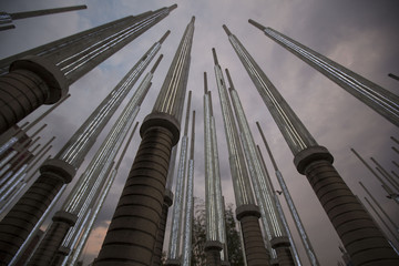 Details of street lights on the Parque de las luces or Park of Lights in Cisneros Square at night, Medellin. Colombia