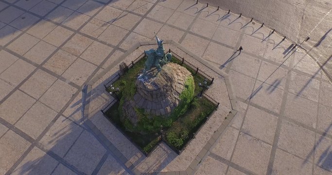 Symbol of Kiev - Monument to Cossack&rsquo;s commander Bogdan Khmelnitsky . Aerial