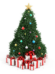 Fototapeta na wymiar Christmas tree and giftboxes isolated on white background