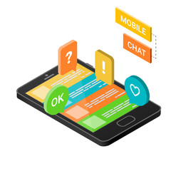 Isometric smartphone with speech bubbles isolated on a white. 