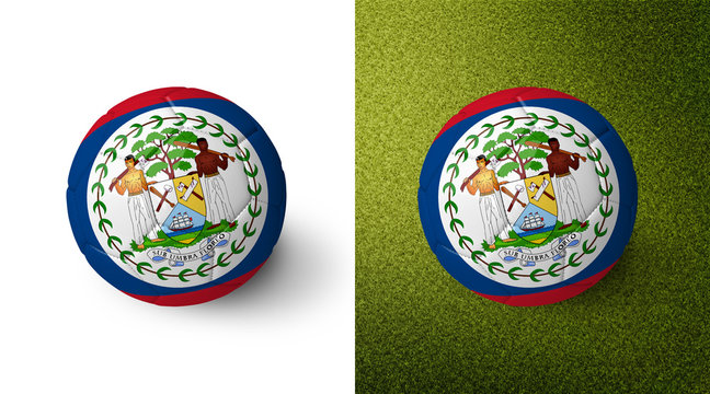 3d realistic soccer ball with the flag of Belize on it isolated on white background and on green soccer field. See whole set for other countries.