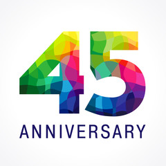 45 anniversary color logo. The bright faceted logotype of 45th birthday.