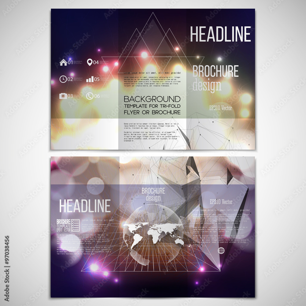 Poster vector set of tri-fold brochure design template on both sides with world globe element. abstract mul