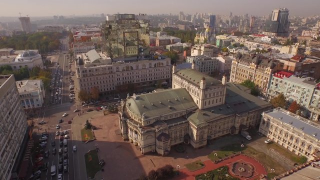 Aerial shots of Kiev National Academic Theater of Opera and Ballet. Flying at the Kyiv city center. Ukraine