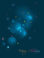 Merry Christmas card, poster. Blue stylized background with lights.