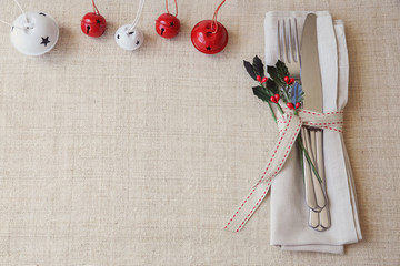 Christmas table place setting, holidays copy space background,selective focus, vintage tone