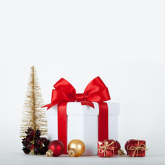 Christmas Presents and Ornaments on white Background