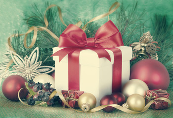 Christmas Presents and Ornaments on retpo Background