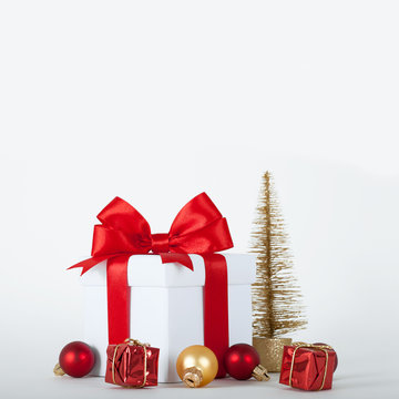 Christmas Presents and Ornaments on white Background