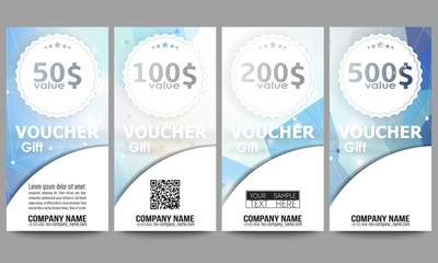 Set of modern gift voucher templates. Colorful triangle design, abstract vector background