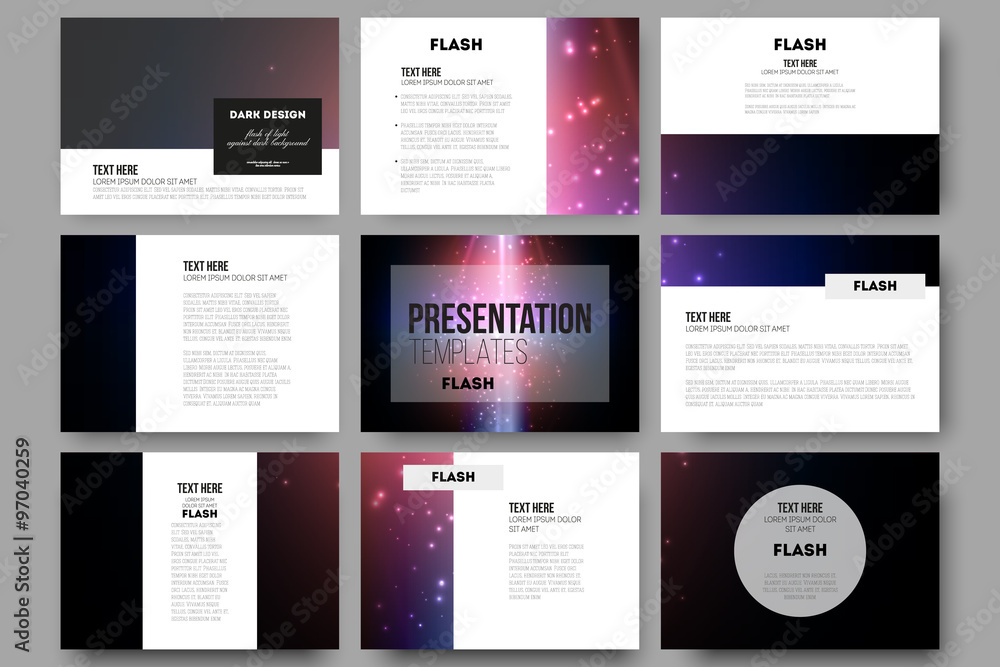 Poster set of 9 vector templates for presentation slides. flashes against dark background