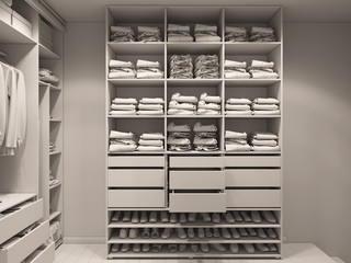 3D illustration of the wardrobe room in light tones. Render without textures and shaders 