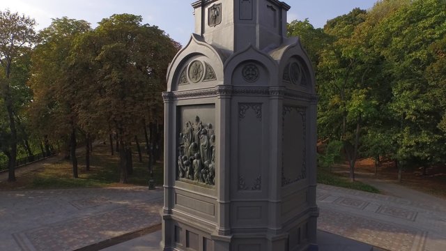 Saint Volodymyr Monument  who christened Kievan Rus. Aerial filming. The monument is placed high on a hill over Dnieper river in Kiev