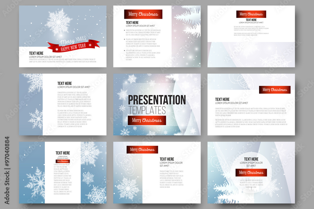 Poster set of 9 templates for presentation slides. merry christmas and happy new year vector background