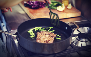 Housewife Cooking Grilled Steak Dinner Concept