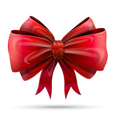 Red bowknot isolated on white. Holiday bow of ribbon