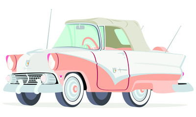 Caricatura Ford Sunliner convertible cerrado blanco y rosado vista frontal y lateral