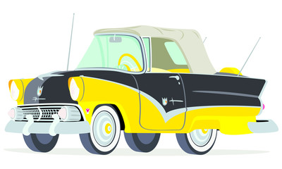Caricatura Ford Sunliner convertible cerrado amarillo y negrovista frontal y lateral