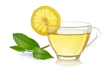 glass of lemon tea on white background