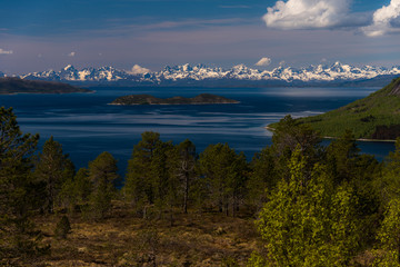 Fototapeta premium Landschaft und Meer vor schneebedecktem Gebirge